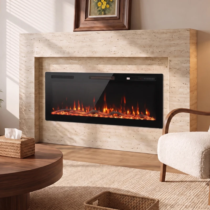 HOMCOM Lareira Elétrica Embutível Mural ou de Chão 3 em 1 Lareira Decorativa Extra-Fina 900W/1800W Efeito Chama 3D Preto