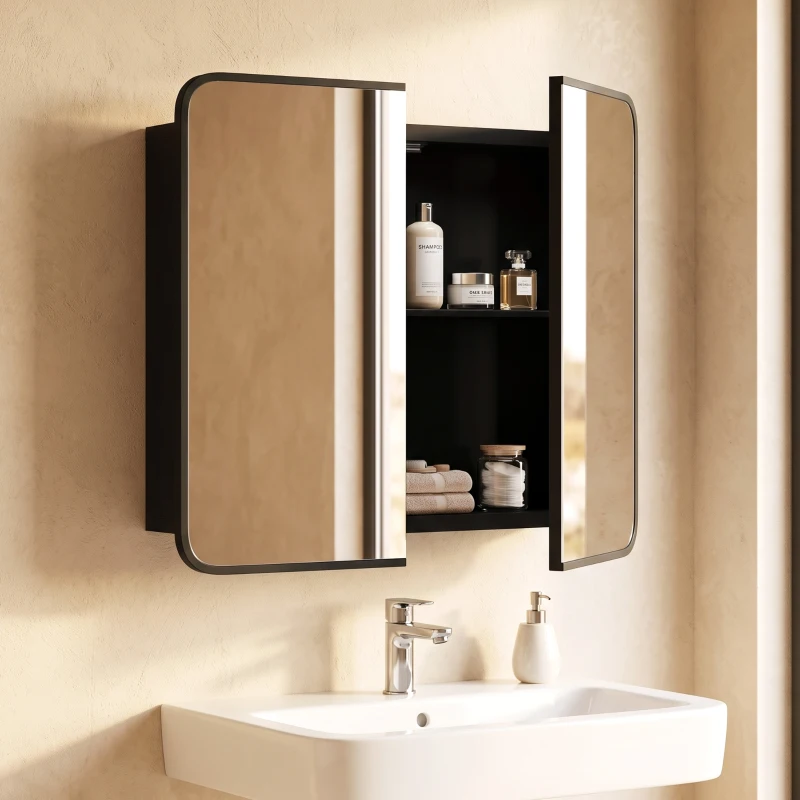 HOMCOM Armario con espejo de baño montado en pared, armario de baño con puerta magnética en negro