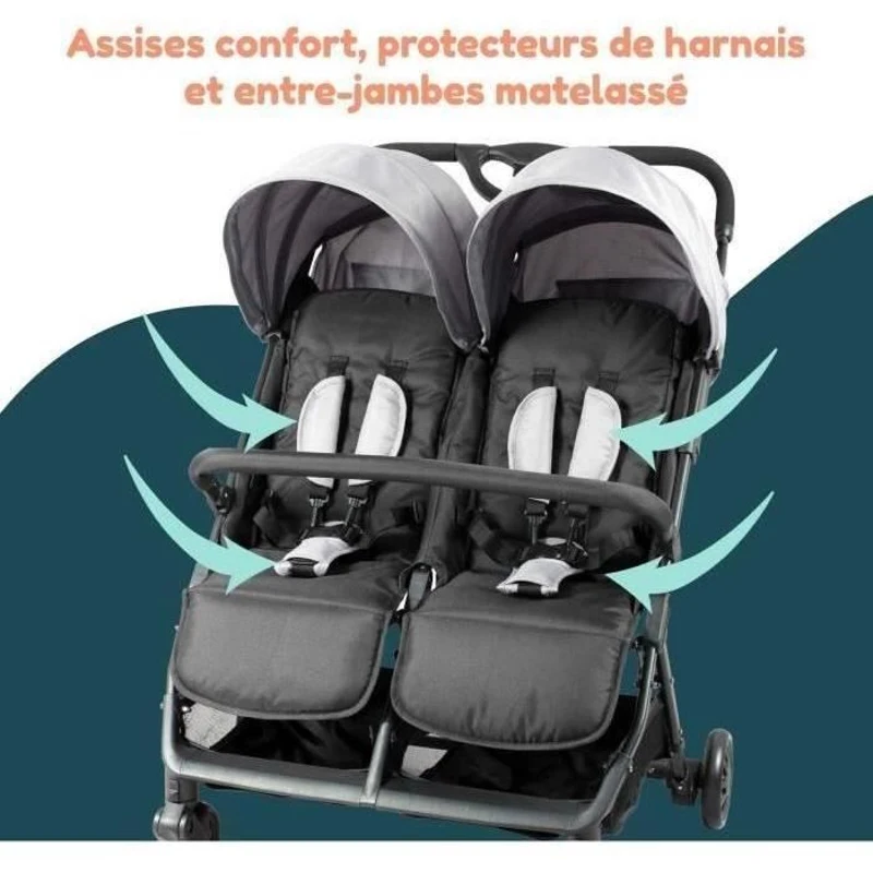 Bambisol - DS209 GRIS NOIR - Poussette Double Cote a Cote | Pour Jumeaux des la Naissance, Pliage Ultra-Compact | Noir Gris