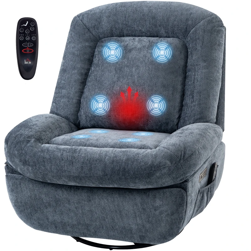 HOMCOM Fauteuil Relax Réclinable Électrique avec Chauffage Lombaire Massage Pivotant et Bascule Repose-pieds Assise Extra-large Port USB Bleu