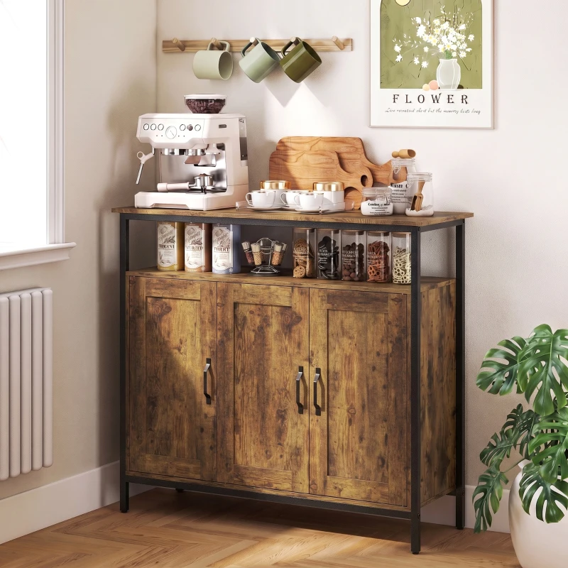 HOMCOM Aparador de Cocina con Estante Abierto y 2 Armarios, en Madera y Acero, 100x35x88 cm, Marrón rústico