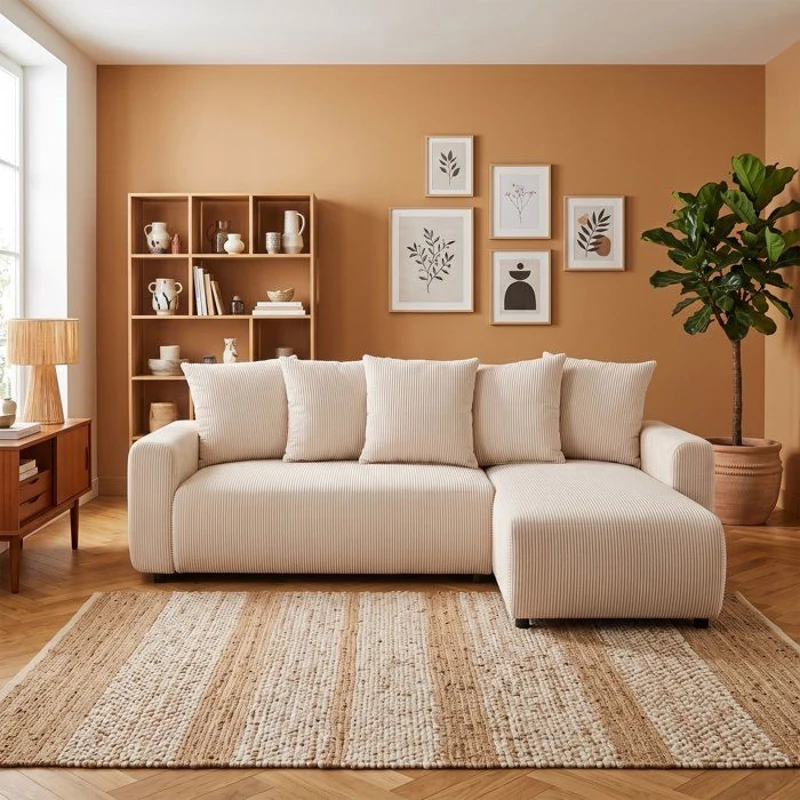 Canapé d'angle convertible réversible - 3 a 4 places - PHARELL 2 - velours côtelé - perle - coffre de rangement - L233 x P159 x H89