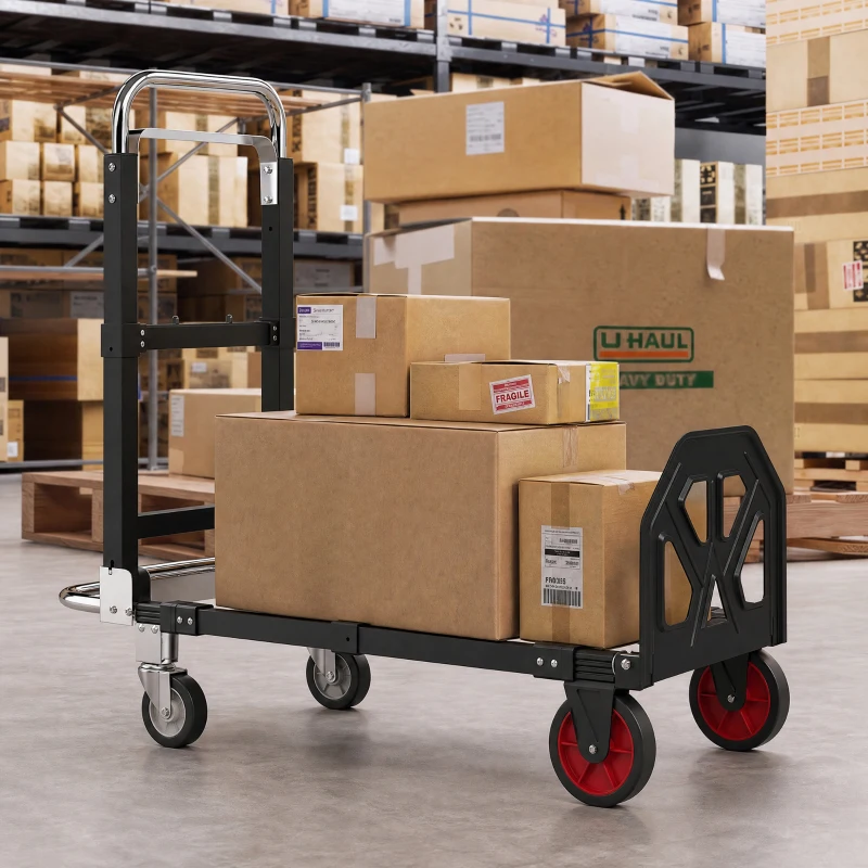 HOMCOM Cărucior Pliabil 2 în 1 Extensibil 220KG Pliere Plat Cărucior Platformă Oțel Mâner Reglabil Roți 360° 112x41x92cm Negru