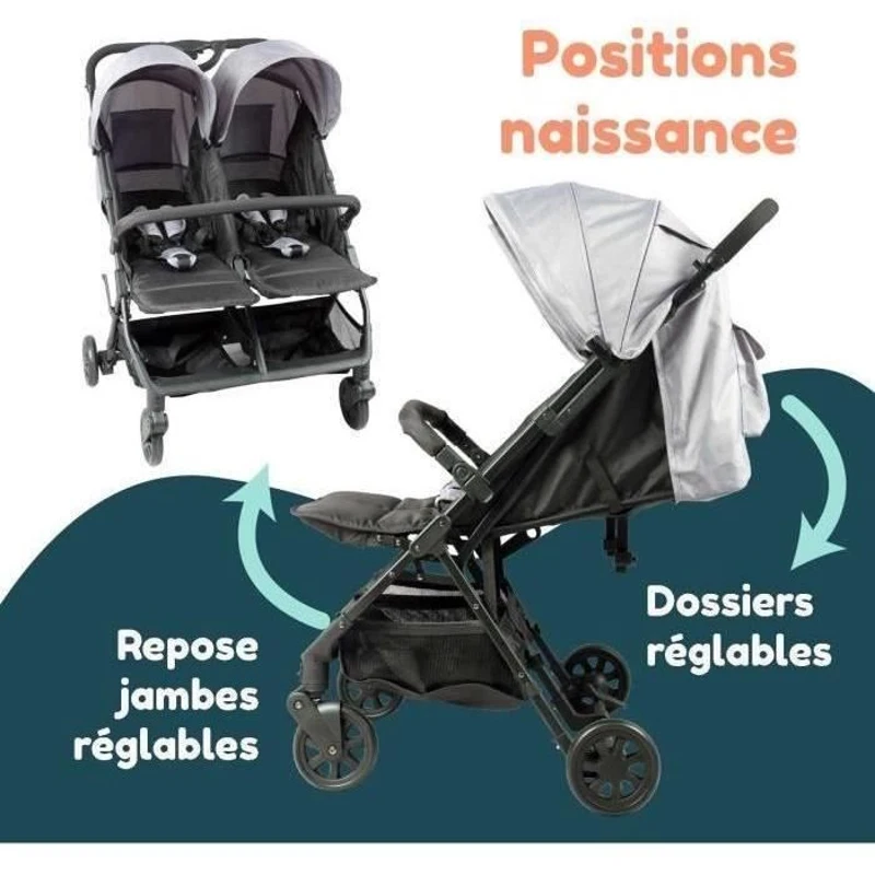 Bambisol - DS209 GRIS NOIR - Poussette Double Cote a Cote | Pour Jumeaux des la Naissance, Pliage Ultra-Compact | Noir Gris