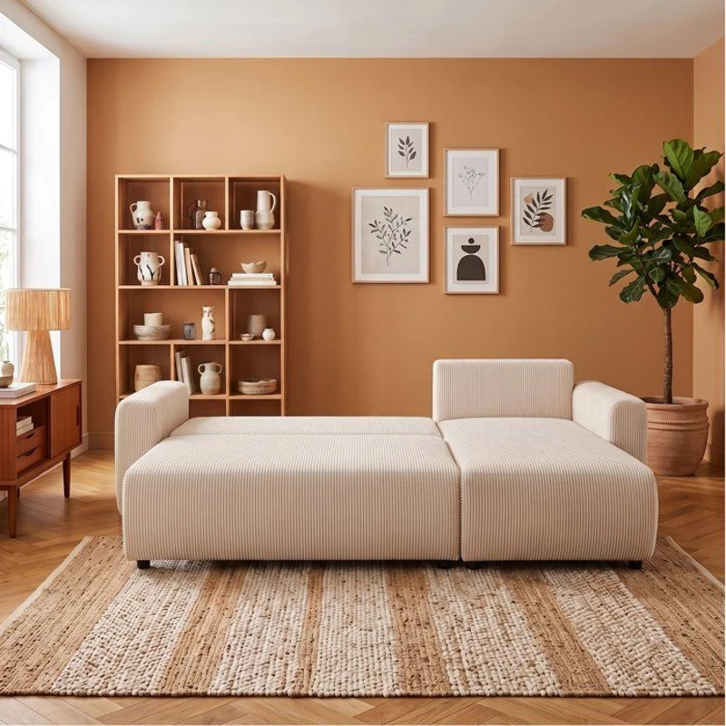 Canapé d'angle convertible réversible - 3 a 4 places - PHARELL 2 - velours côtelé - perle - coffre de rangement - L233 x P159 x H89