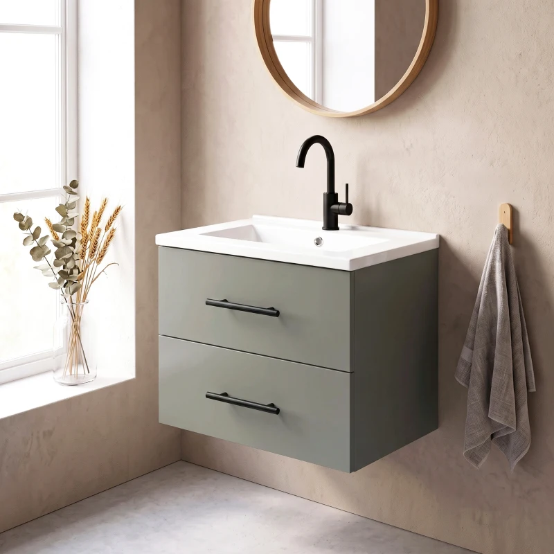 HOMCOM Móvel de Banheiro com Pia em Cerâmica e 2 Gavetas, 61x40x48 cm, Verde