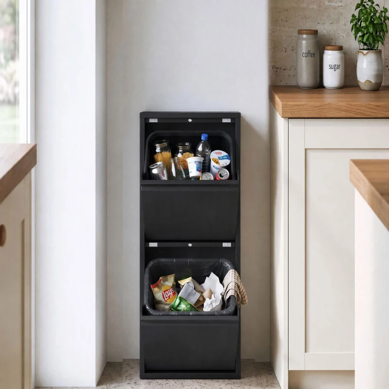 HOMCOM Poubelle de tri à abattant 2x15L, 2 compartiments, seaux intérieurs amovibles, fermeture amortie, Noir