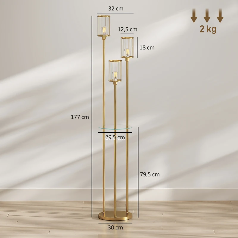 HOMCOM Luminária de pé com prateleira com 3-flammigen Glasschirmen Stehleuchte mit Glastisch 177 cm Gold