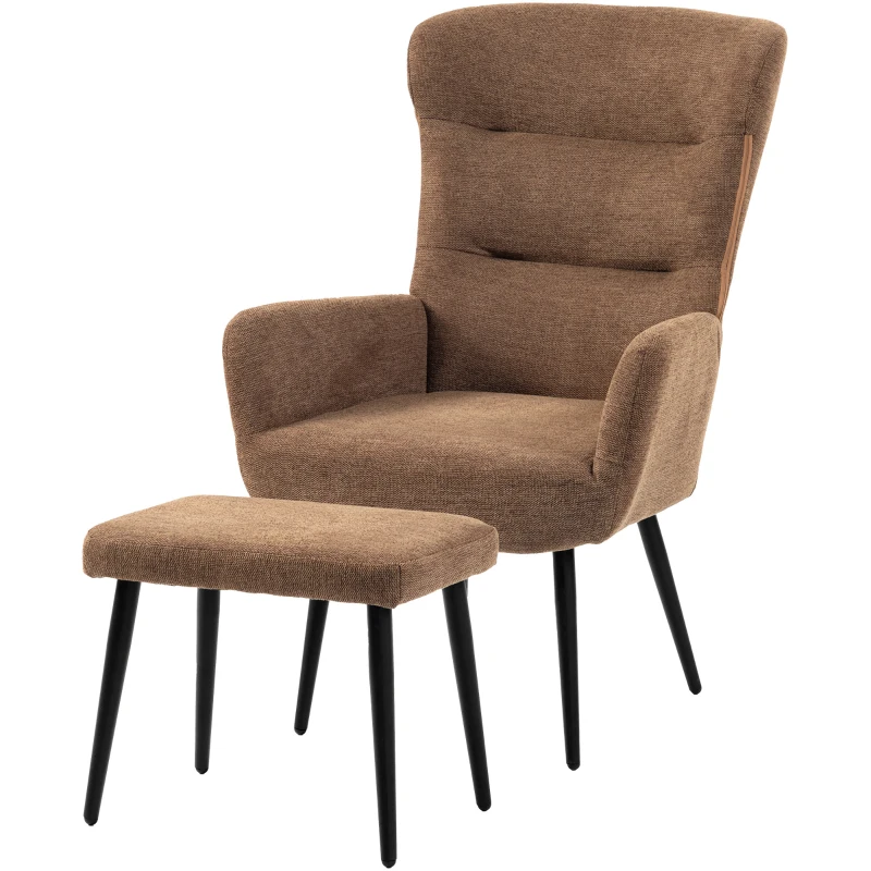 HOMCOM Relax-Sessel mit Pouf im Leinenoptik-Stoff, breite und hohe Rückenlehne, zum Lesen, Wohnzimmer, Braun