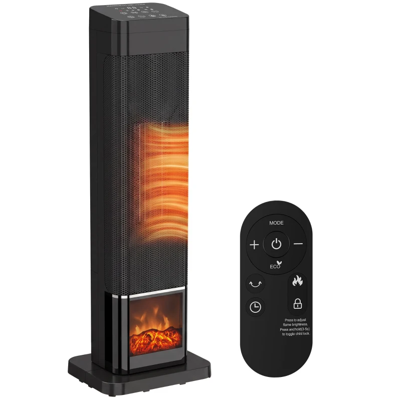HOMCOM Chauffage Électrique Céramique PTC 2000W con 4 Modos Effet Flamme Dynamique Télécommande Oscillation 70° Protection Surchauffe