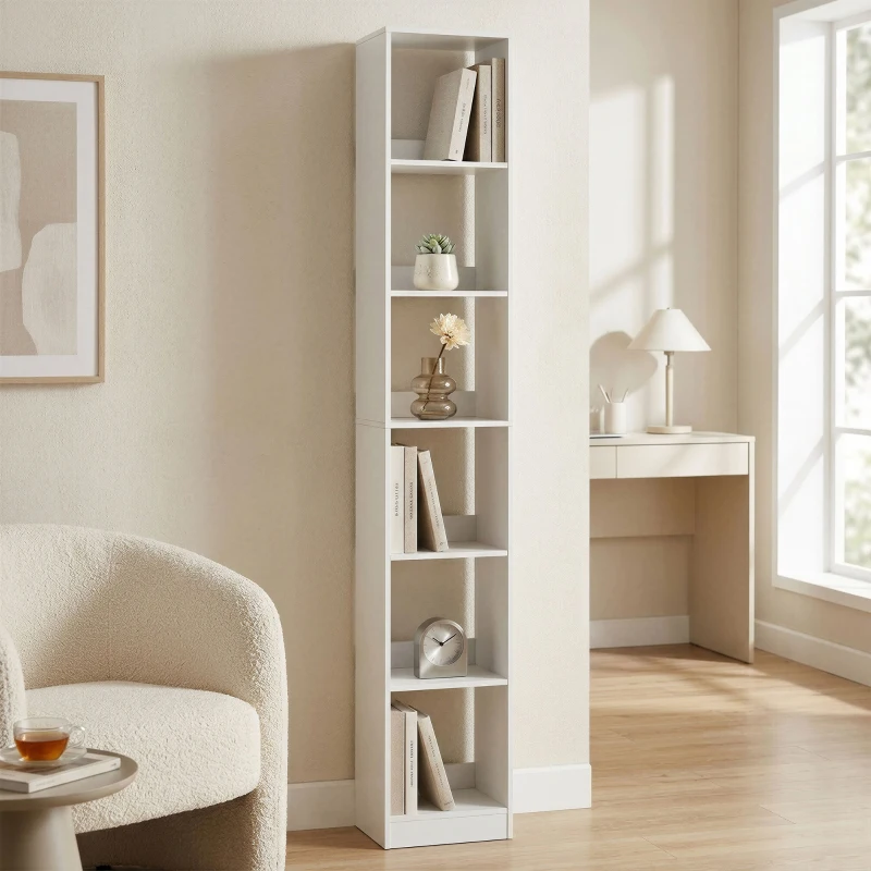 HOMCOM Estante Vertical de 6 Prateleiras para Sala Escritório Quarto, 29.5x23.5x184 cm, Efeito Madeira Branca