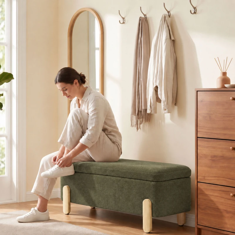 HOMCOM Coffre-banc de rangement 108x40x40cm, Assise rembourrée 2 places en chenille, Pieds en bois, Vert
