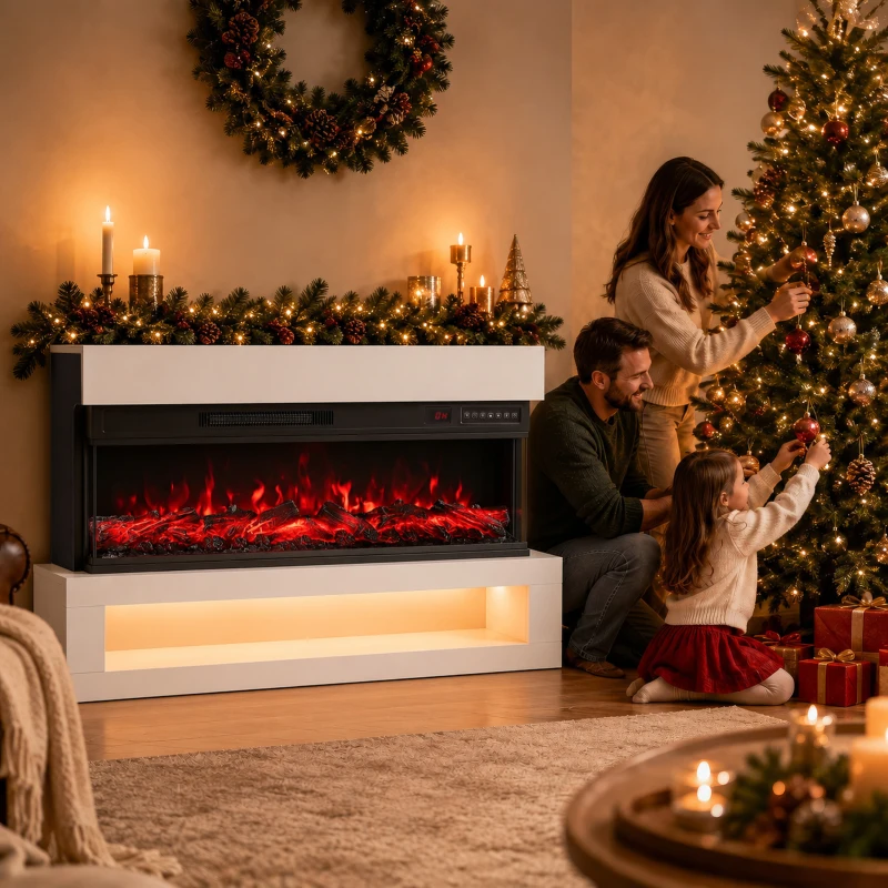 HOMCOM Șemineu Electric Podea/Perete 900/1800W cu Bandă LED, 3 Fețe, Mobilier TV 140 cm, 12 Culori Flacără, Telecomandă, Alb