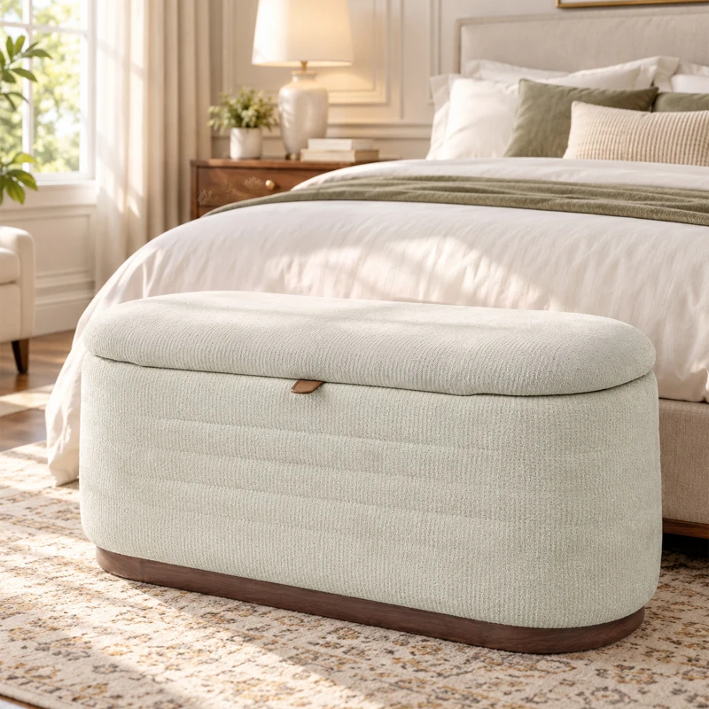 HOMCOM Banc de depozitare oval modern din țesătură chenille, cufăr la capătul patului, suport 220 kg, 91 x 40,5 x 45 cm, Bej