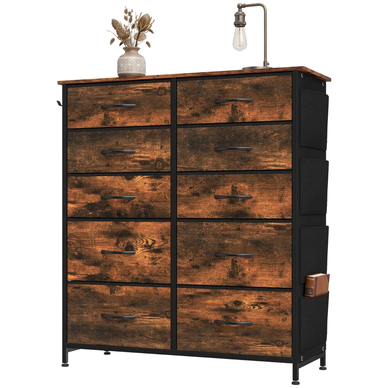 HOMCOM Cómoda 10 Cajones de Tela Plegables, Cómoda Dormitorio Adulto con Bolsillos Laterales y 2 Ganchos, Marrón Rústico