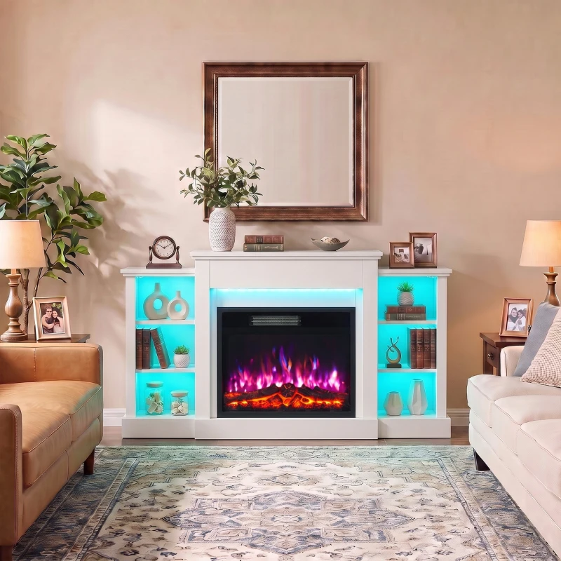 HOMCOM Șemineu Electric Comodă TV pentru televizoare de până la 165 cm cu 6 rafturi Efect flacără 3D 12 culori Bandă LED RGB Alb
