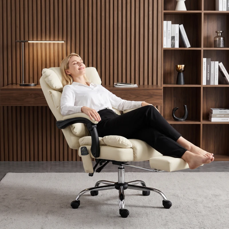 HOMCOM Fauteuil de Bureau avec 6 Points de Massage Chaleur Lombaire Repose-Pieds Hauteur Réglable Télécommande et Tissu PU Beige