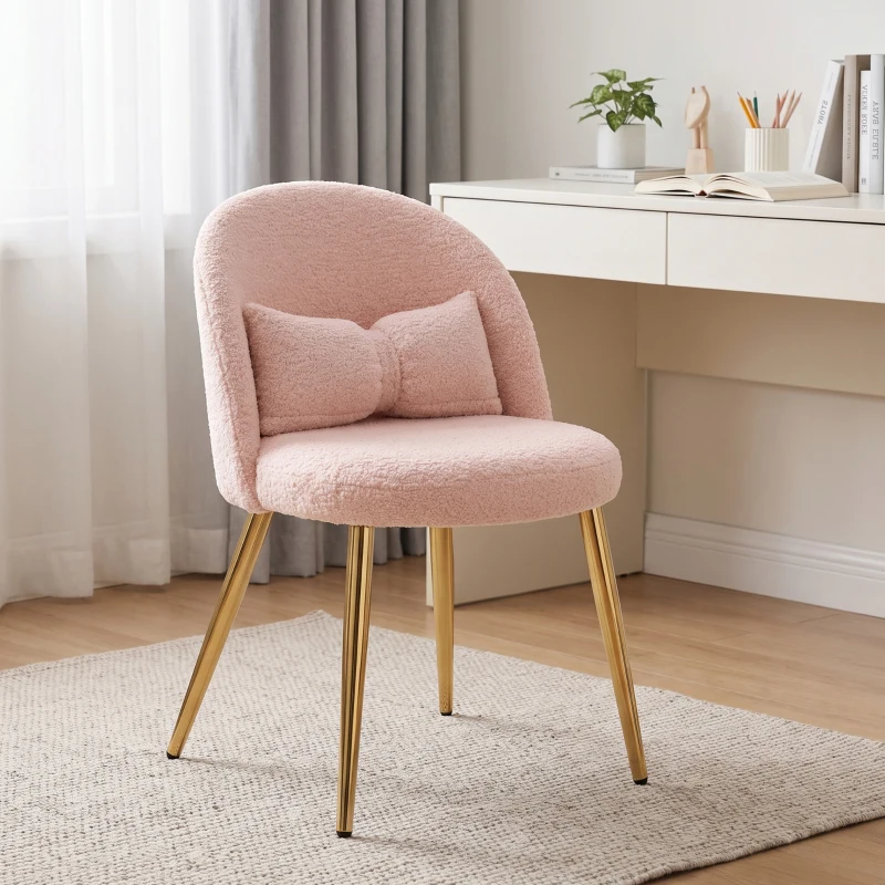 HOMCOM Poltrona de Sala em Sherpa com Almofada Lombar em Laço, Pernas em Aço, Poltrona para Quarto, Rosa