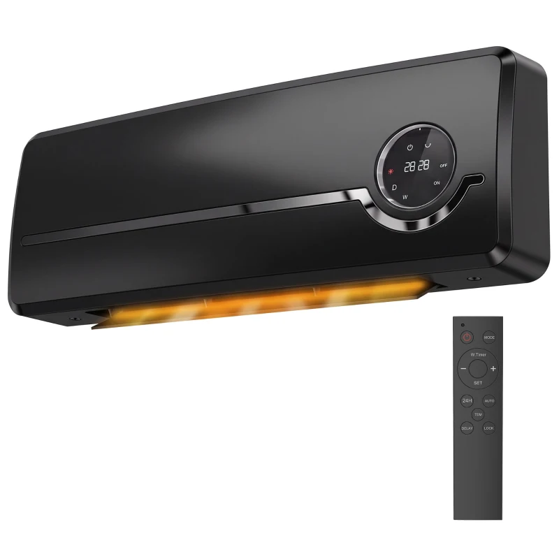 HOMCOM Încălzitor mural ceramic 1000/2000W, radiator electric, ventilator, termostat, minuterie, 50x18,6x12,9cm, negru