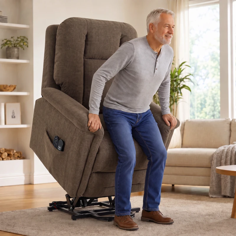 HOMCOM Sillón Elevador Eléctrico Masaje y Calor Sillón Relax Eléctrico Terciopelo Puerto USB Respaldo Reclinable Marrón