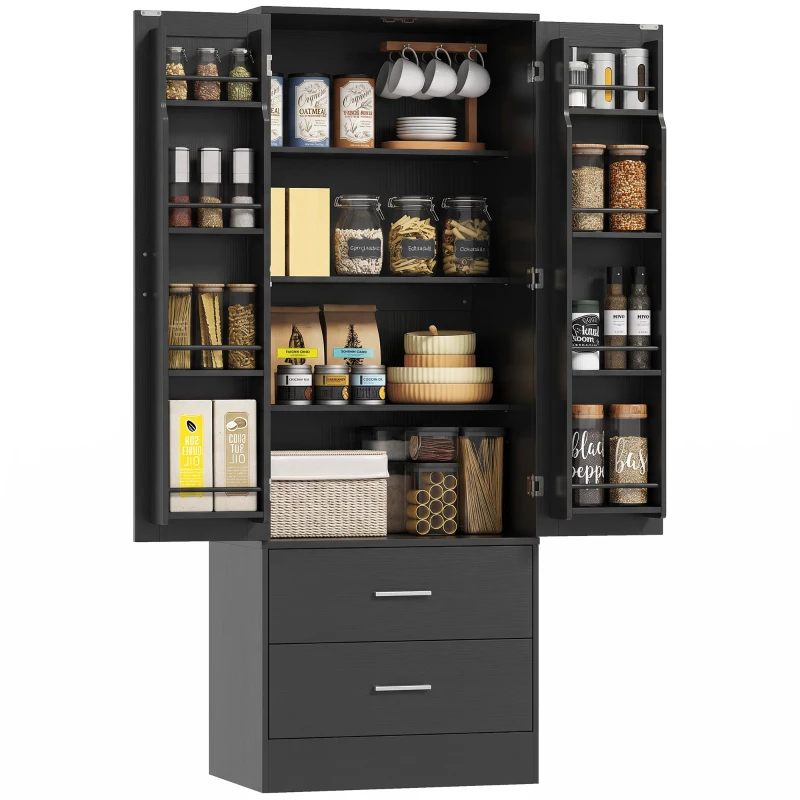 HOMCOM Despensa 8 prateleiras nas portas prateleiras ajustáveis armário de cozinha 159 cm Preto