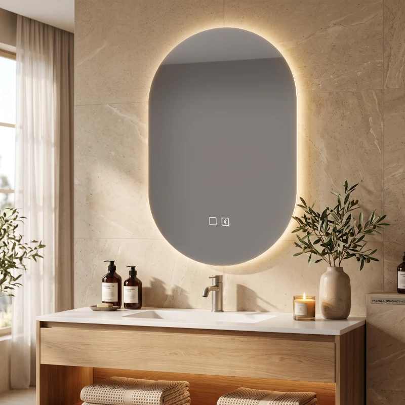 HOMCOM Espejo de baño LED 60 x 90 cm, sin marco, montaje en pared, 3 tonos de luz regulables, Bluetooth