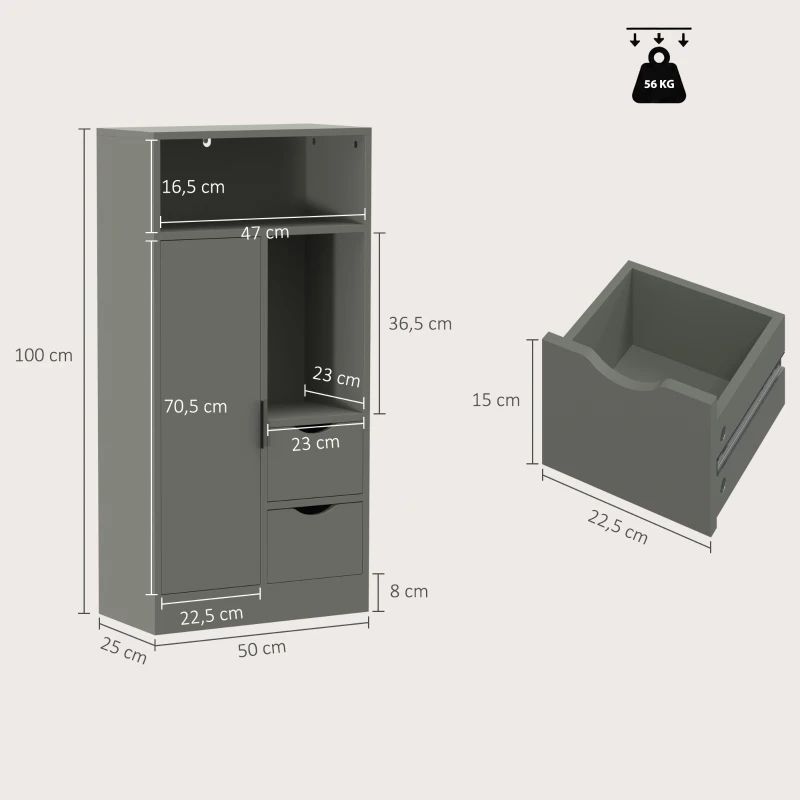 HOMCOM Móvel de banheiro, móvel de armazenamento estreito com 2 gavetas, compartimentos abertos, 50x25x100cm, verde claro