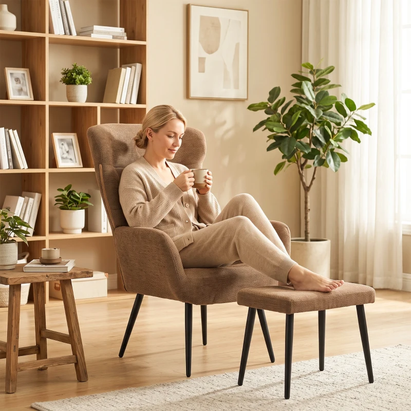 HOMCOM Relax-Sessel mit Pouf im Leinenoptik-Stoff, breite und hohe Rückenlehne, zum Lesen, Wohnzimmer, Braun