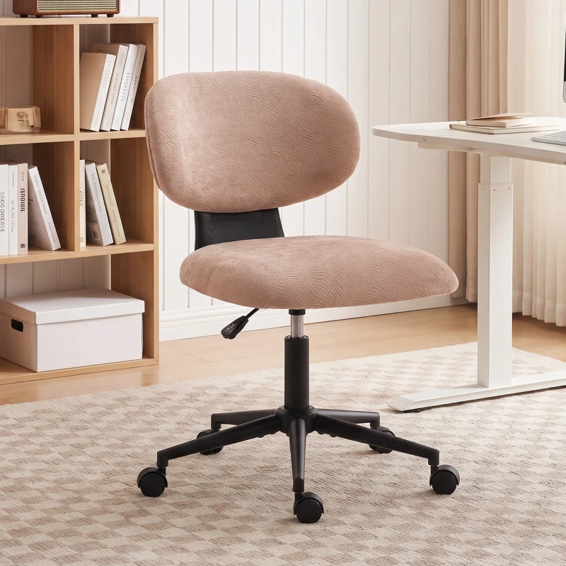 HOMCOM Chaise de bureau tapissée en chenille avec roulettes, dossier courbé, hauteur réglable, pivotante, rose
