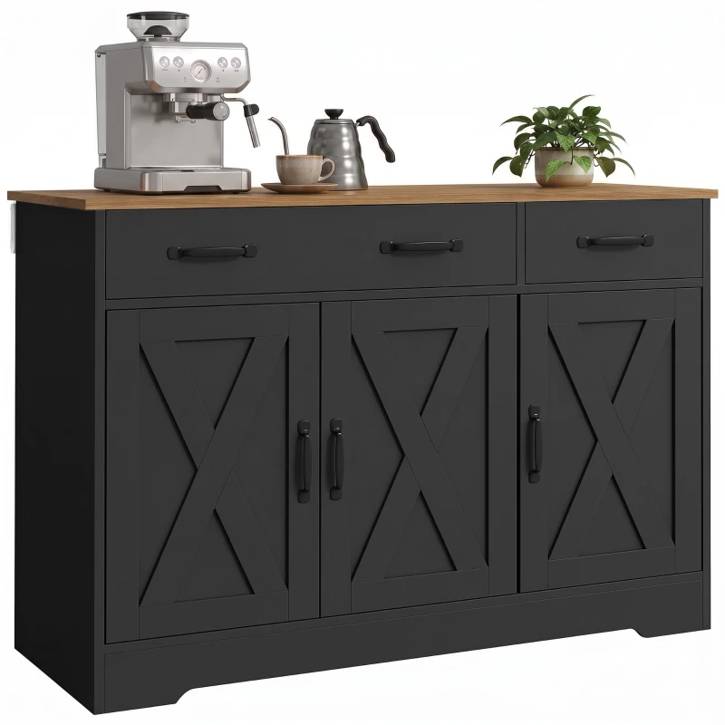 HOMCOM Bufet bucătărie, mobilier de depozitare cu 3 uși tip hambar, 2 sertare și polițe reglabile, 108 x 40 x 81 cm, negru