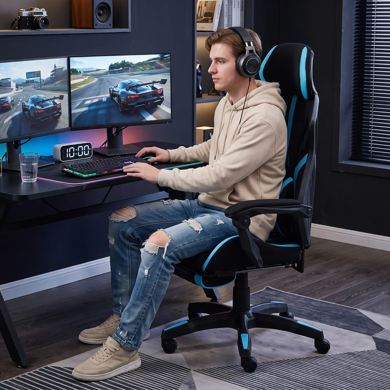 HOMCOM Silla Gaming Ergonómica, Sillón Gaming Reclinable en Malla con Reposacabezas Regulable, Soporte Lumbar, Negro y Azul