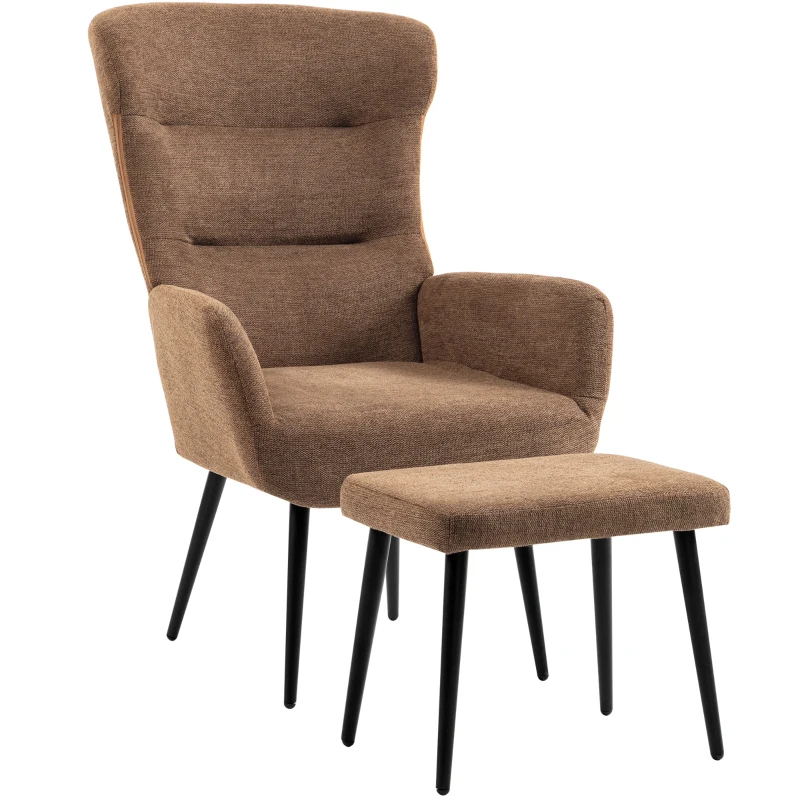 HOMCOM Relax-Sessel mit Pouf im Leinenoptik-Stoff, breite und hohe Rückenlehne, zum Lesen, Wohnzimmer, Braun