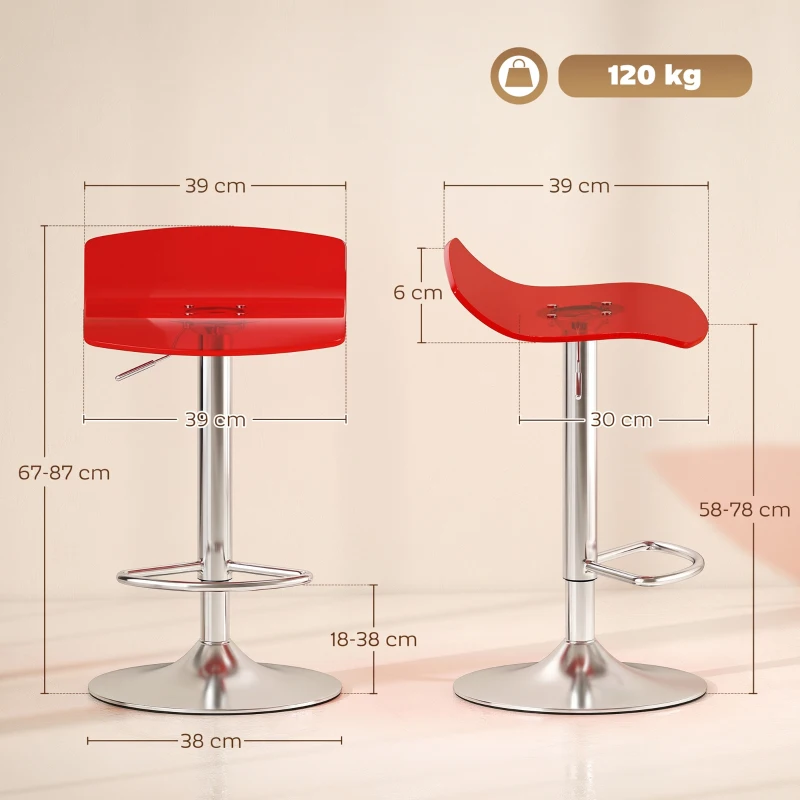 HOMCOM Lote de 2 banquetas de bar design contemporâneo giratórias 360° altura ajustável com apoio para os pés 39x39x67-87cm vermelho