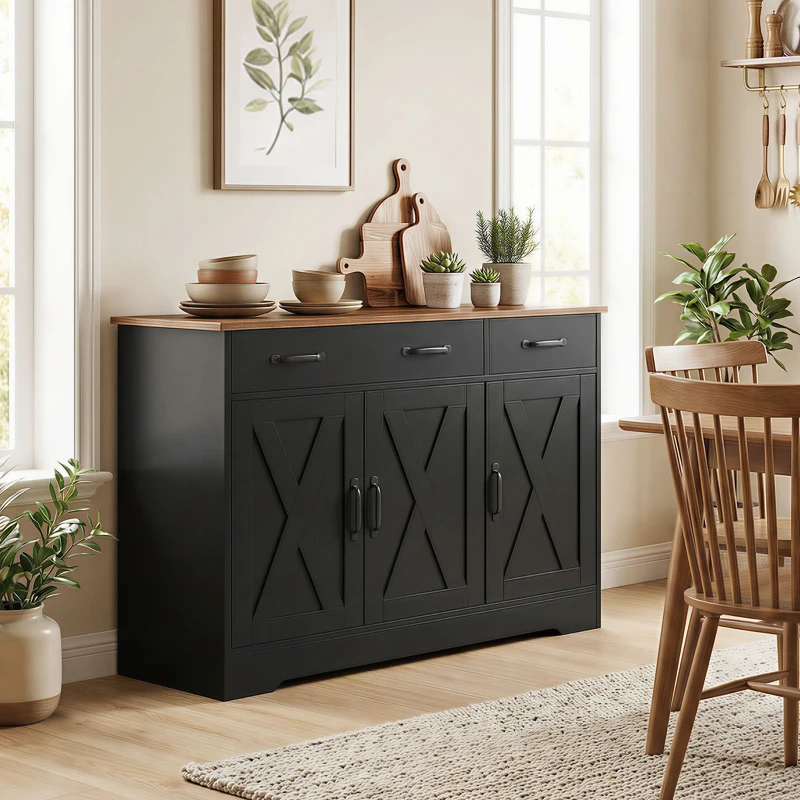 HOMCOM Küchenbuffet, Aufbewahrungsmöbel mit 3 Scheunentüren, 2 Schubladen und verstellbaren Einlegeböden, 108 x 40 x 81 cm, schwarz