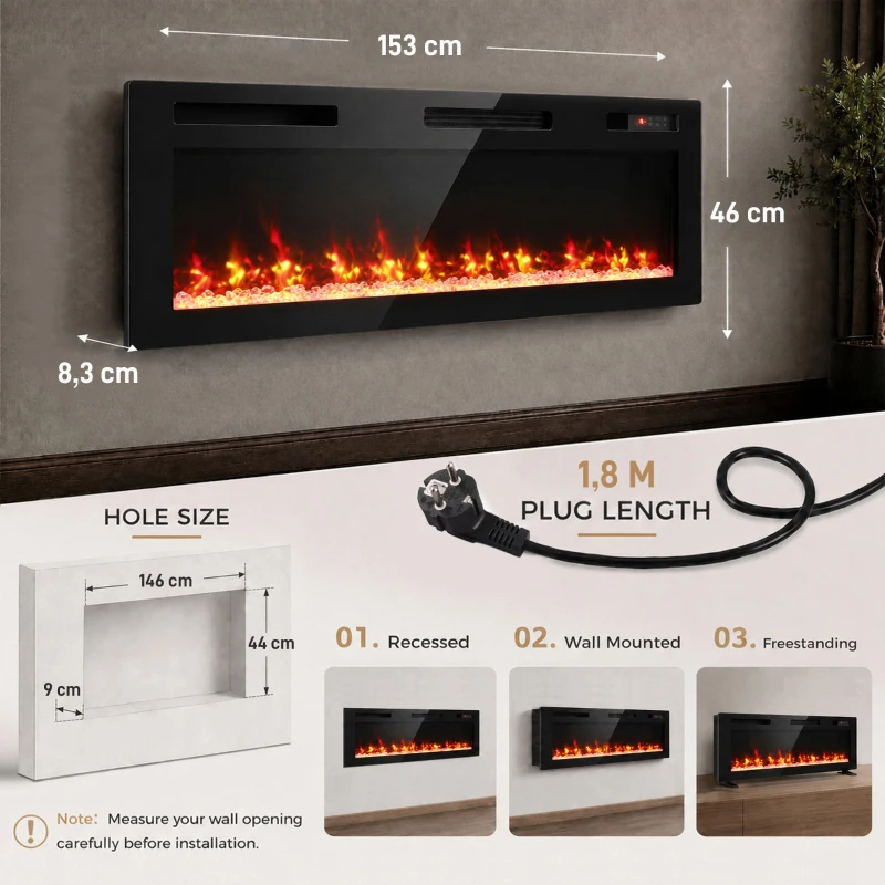 HOMCOM Lareira Elétrica Embutida, Parede e De Pé Slim 153 cm com Comando, 900/1800W, Timer, 35㎡,Preto