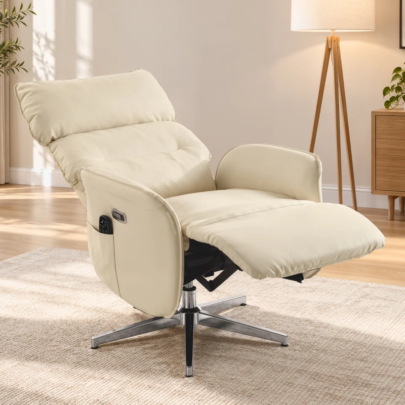 HOMCOM Fotoliu Relax Electric Rotativ Masaj și Încălzire Fotoliu Recliner din PU Înălțime Reglabilă Dublu Motor Crem