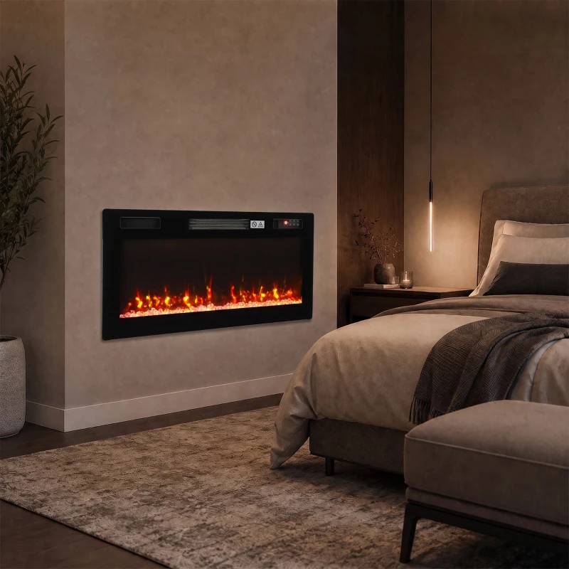HOMCOM Șemineu Electric Ultrasubțire 900/1800W Încastrat/Agățat/Pe picior 12 Culori Flacără 3D Telecomandă până la 35㎡ Negru