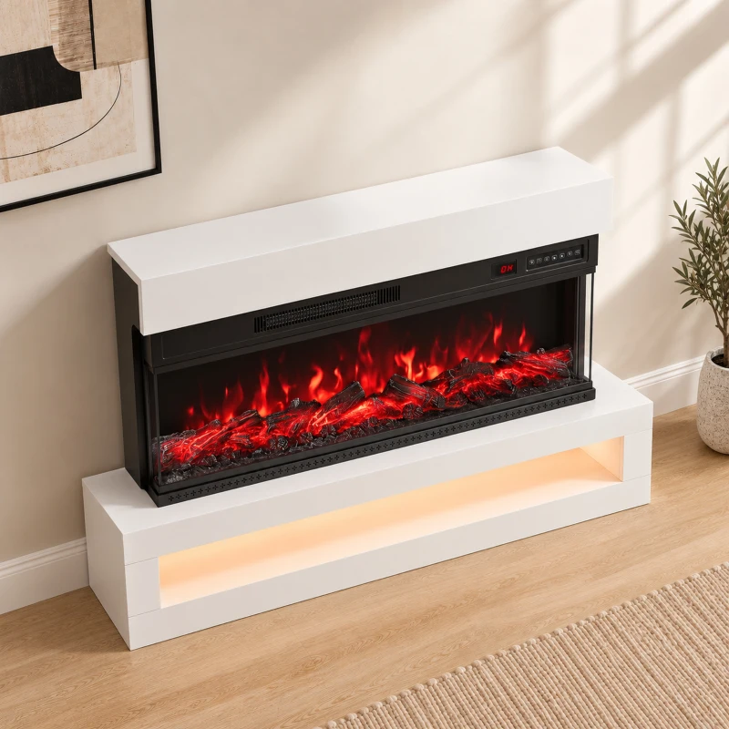 HOMCOM Cheminée électrique sur pied/murale 900/1800 W avec bande LED 3 faces meuble TV 139,7 cm 12 couleurs de flammes télécommande blanc