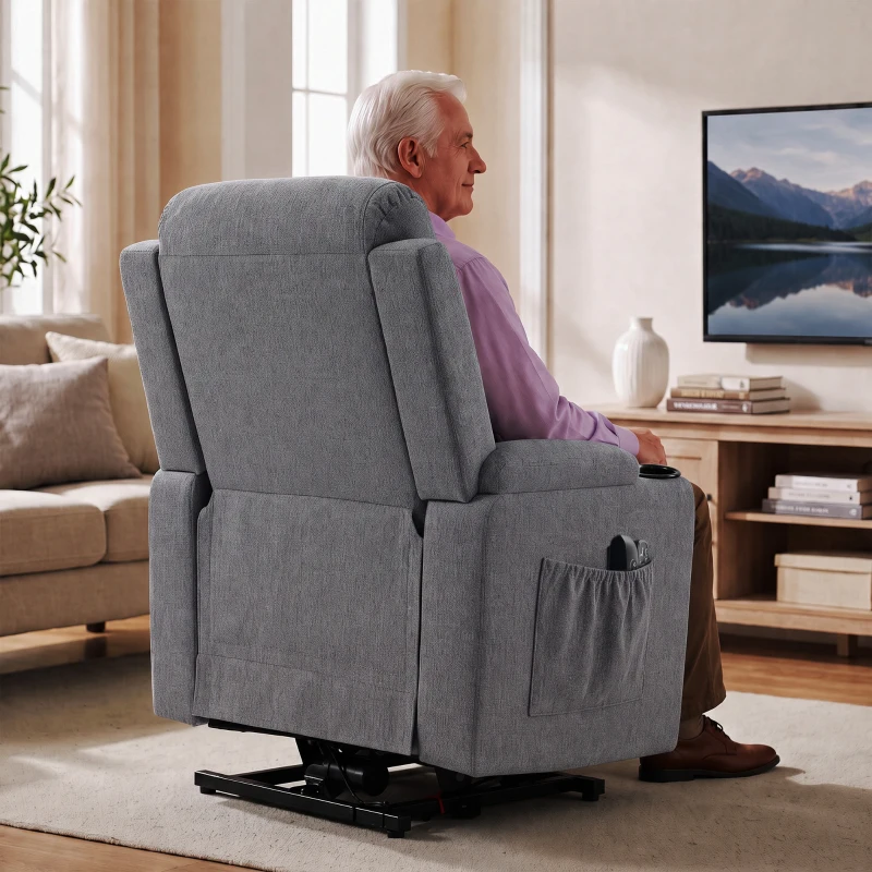 HOMCOM Sillón Eléctrico Elevador Reclinable, con calefacción y masaje, Lino, 2 mandos, Gris Oscuro