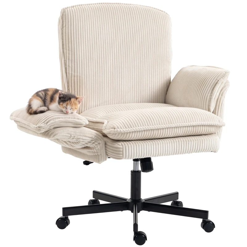 HOMCOM Chaise de bureau à roulettes avec accoudoirs rabattables, chaise de bureau beige