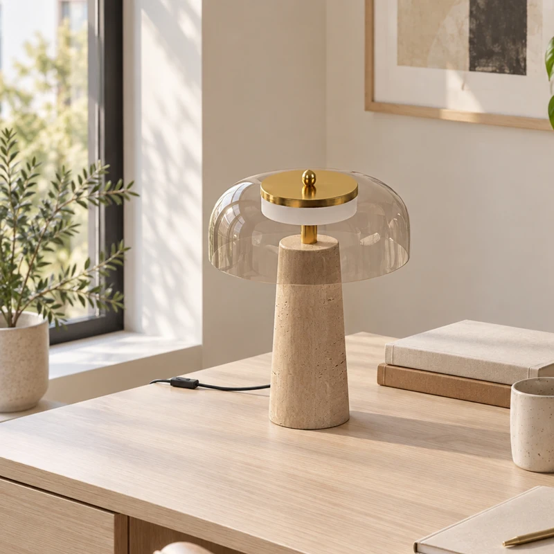 HOMCOM Lámpara de Mesa Vintage con Pantalla de Vidrio y Base de Travertino, Lámpara de Mesita Retro, Luz Cálida 3000 K, Ámbar