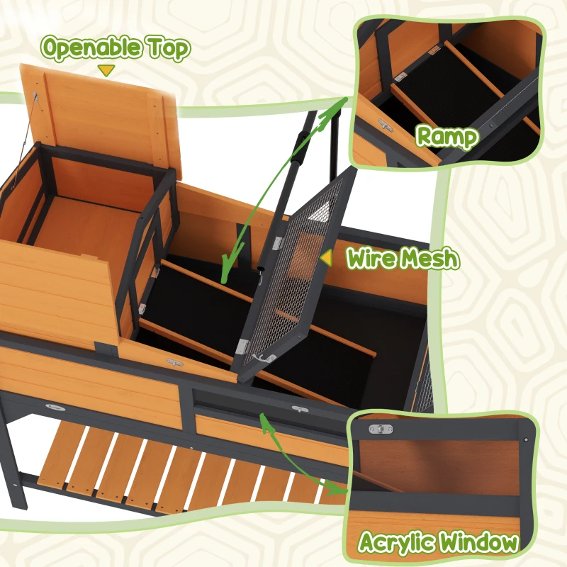 PawHut Casa para tortugas de madera 2 pisos, recinto con estantería, soporte para lámpara, casa principal, ventana acrílica, techo abatible