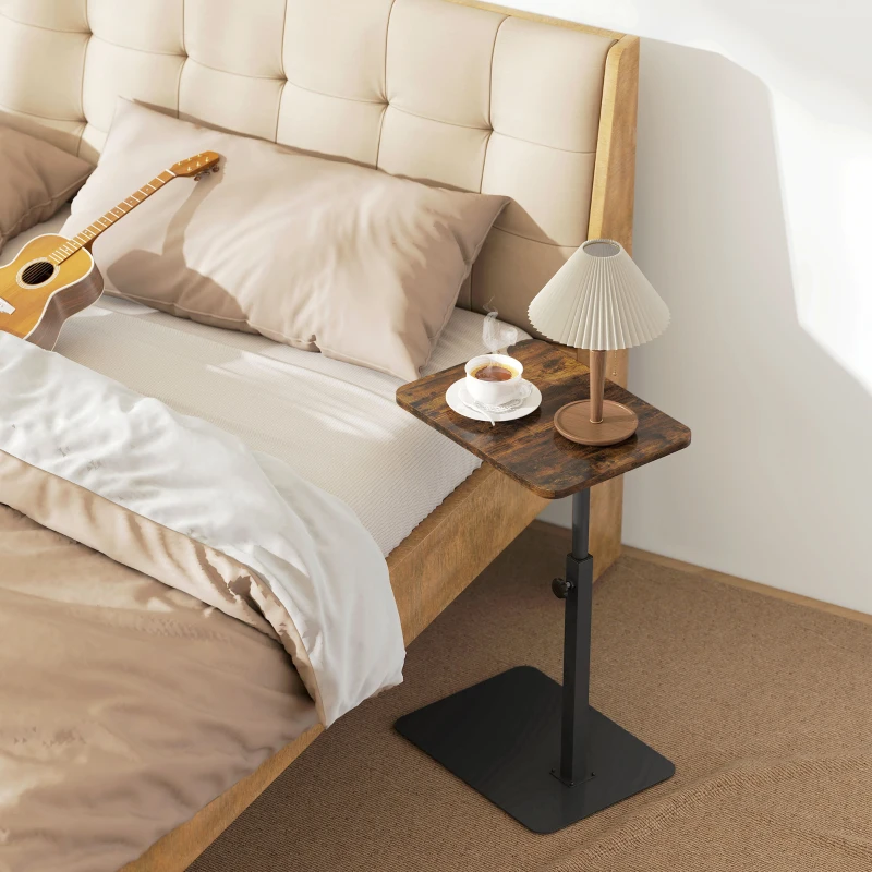 HOMCOM Mesa Lateral em Forma de C, Altura Ajustável, Mesa para Sofá em Metal, Ideal para Espaços Pequenos, Sala e Quarto, Castanho Rústico