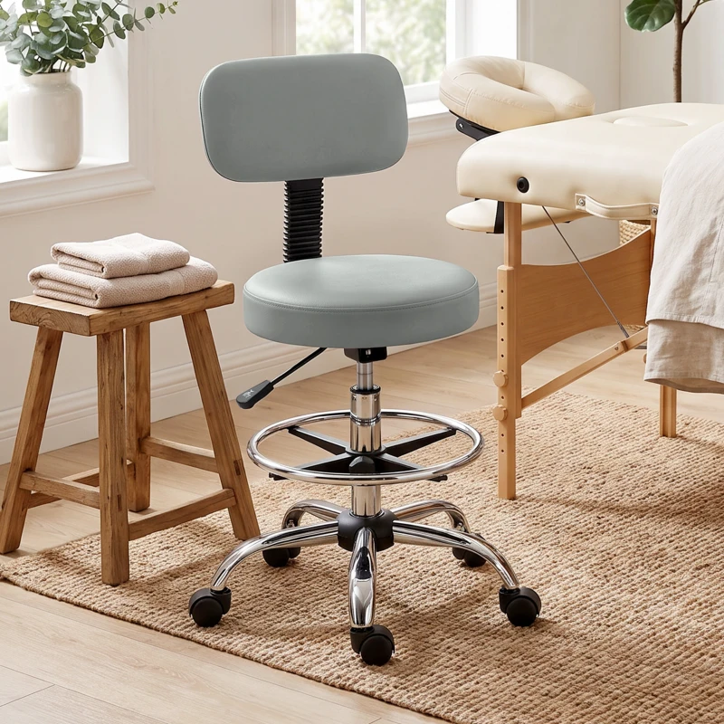 HOMCOM Silla Giratoria de Altura Ajustable con Reposapiés, en Acero, Piel Sintética y Espuma, 52x52x78-92 cm, Gris Claro