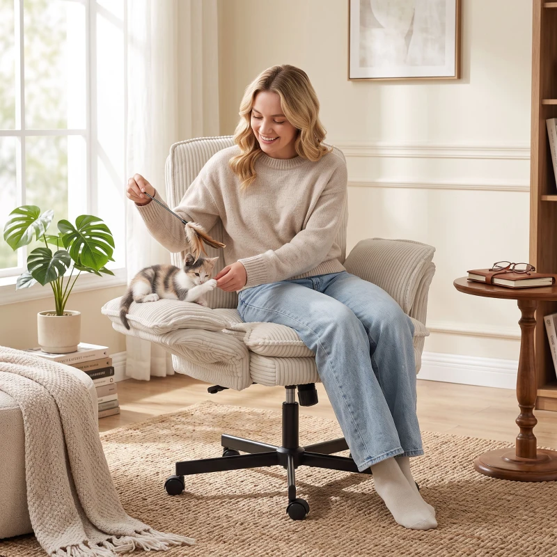HOMCOM Chaise de bureau à roulettes avec accoudoirs rabattables, chaise de bureau beige