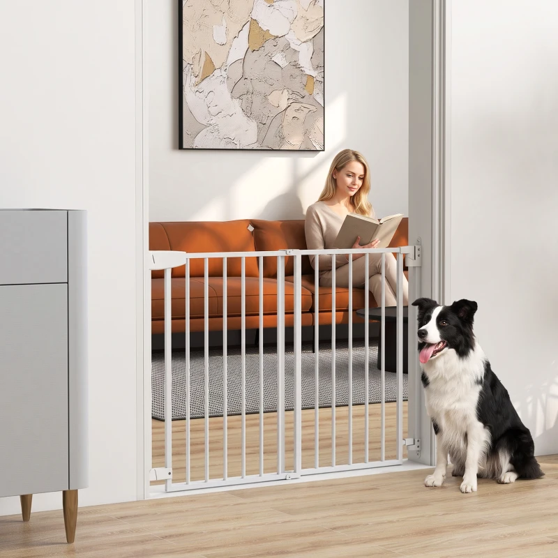 PawHut Barrière de Sécurité Extensible pour Chiens 72-108.5x76cm, Fermeture Automatique, Ouverture d'une Main, Blanc