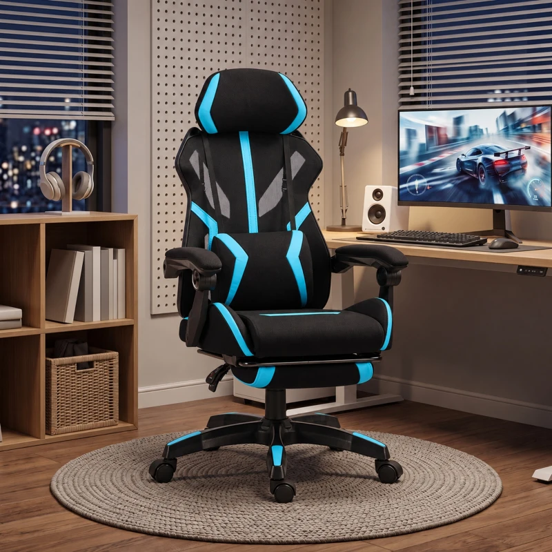 HOMCOM Cadeira Gamer Ergonômica, Poltrona Gamer Reclinável em Malha com Apoio de Cabeça Ajustável, Suporte Lombar, Preto e Azul