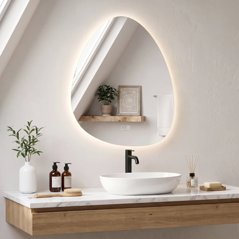 HOMCOM Espelho de Casa de Banho Bluetooth com Iluminação LED 60x80cm, Forma de Seixo, Dimerizável 3 Cores, Anti-Embaçamento, Memória, Prateado