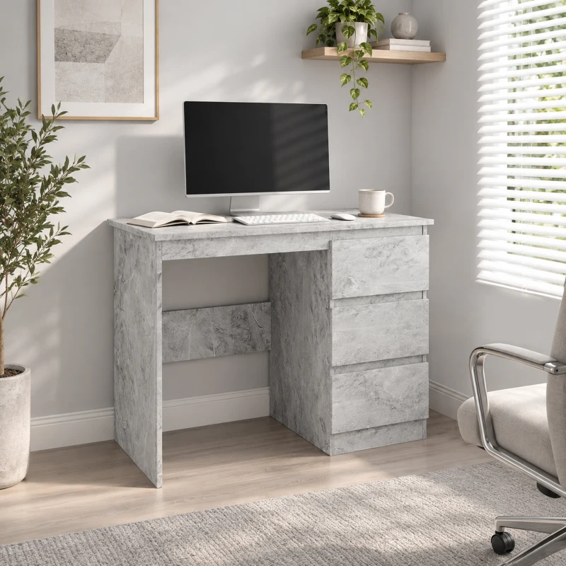 HOMCOM Büroschreibtisch mit 3 Schubladen 100x50 cm, platzsparender Schreibtisch für Studium Zuhause Büro, Grau Marmoroptik