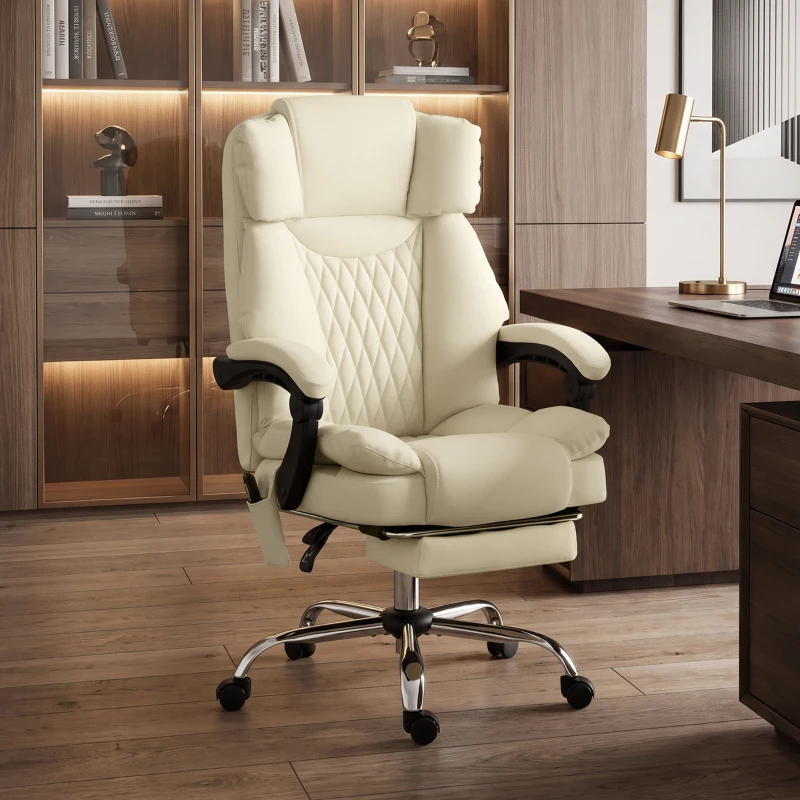 HOMCOM Fauteuil de Bureau avec 6 Points de Massage Chaleur Lombaire Repose-Pieds Hauteur Réglable Télécommande et Tissu PU Beige